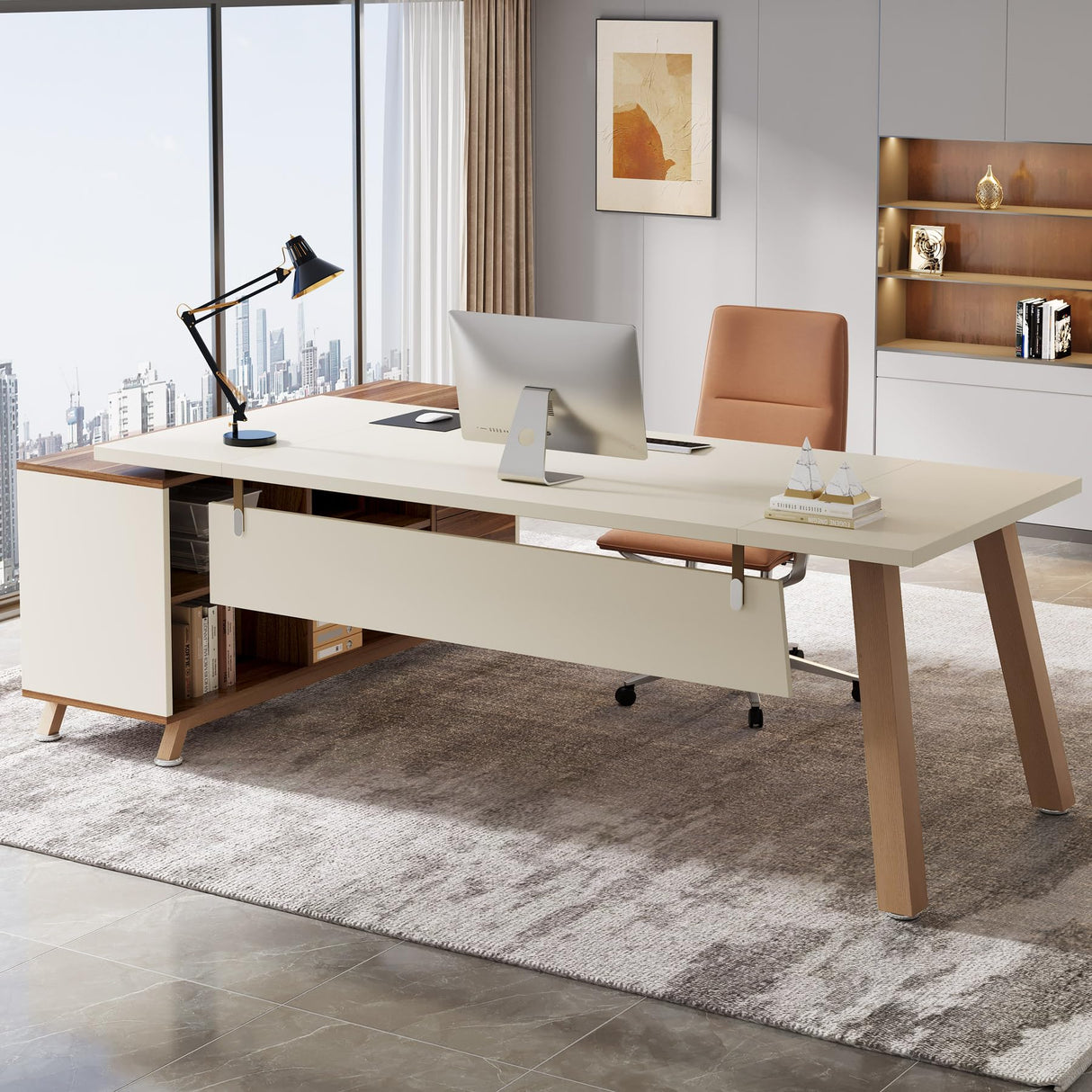 71-Inch Executive Desk, L-Shaped Desk with 55-Inch Cabinet, Large Office Desk