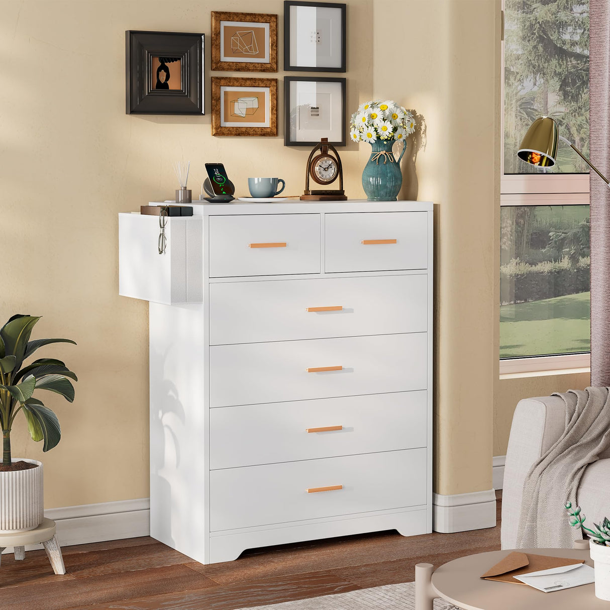 6 Drawer Dresser for Bedroom with Charging Station, Modern Chest of Drawers for Closet,