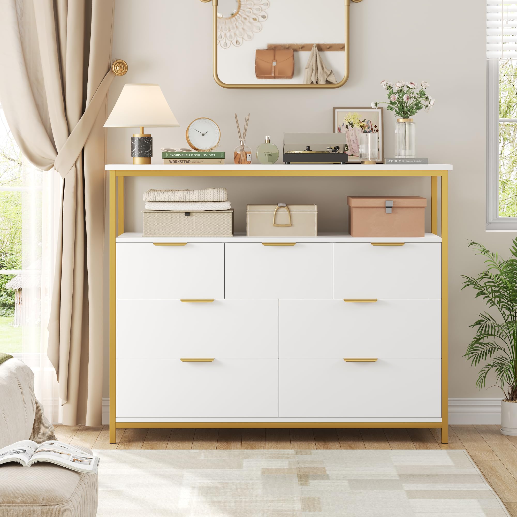 Modern 7 Drawer Dresser, White Dresser with Metal Handles