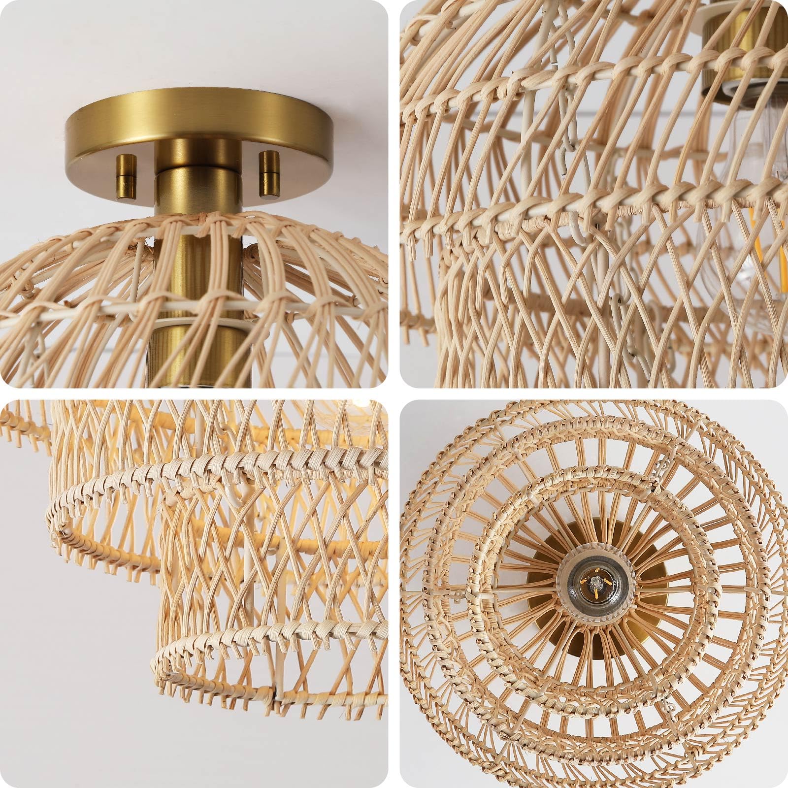 12'' Rattan Ceiling Light Fixtures Boho Chandelier Rattan Semi Flush Mount Ceiling Light