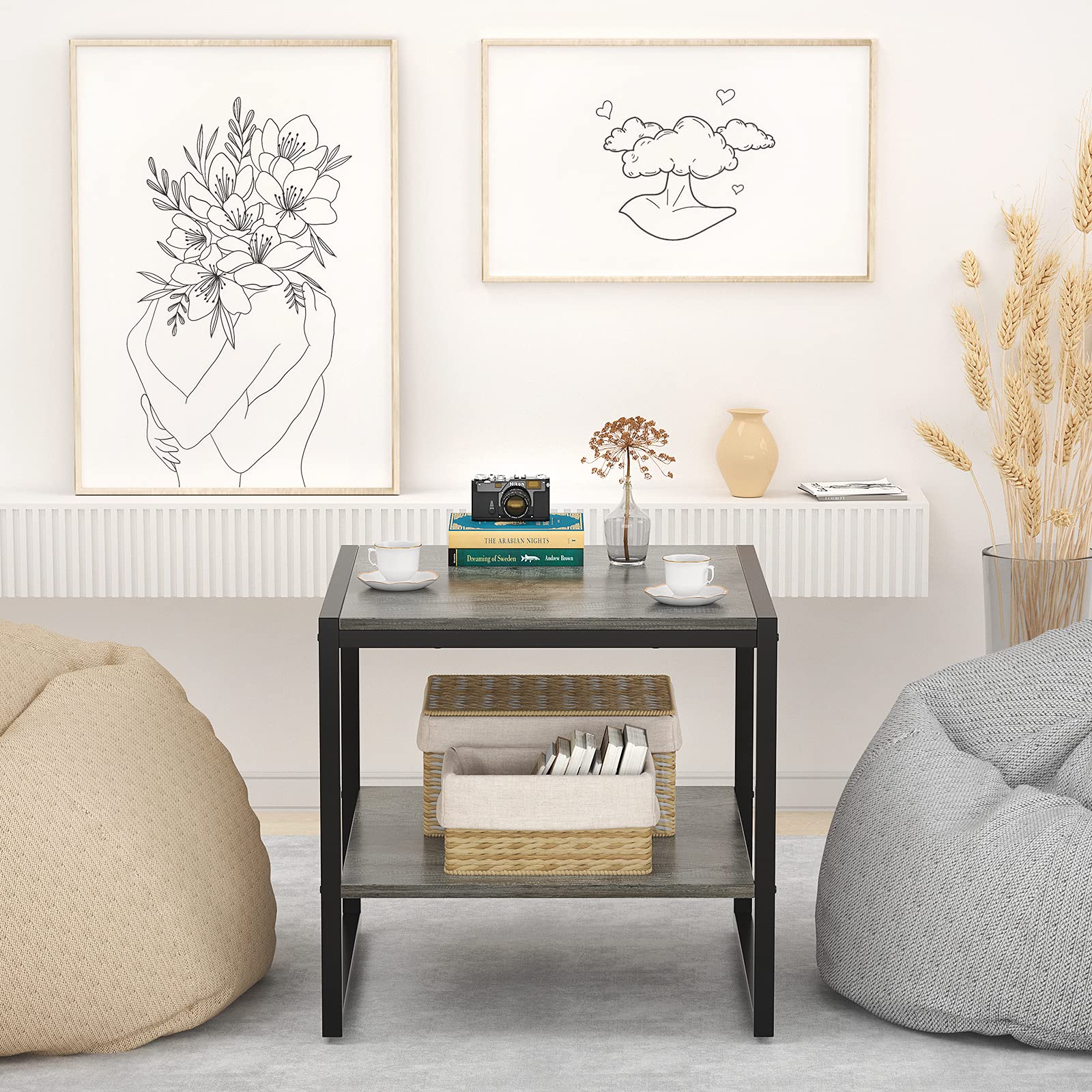 End Table, 20 Inch Square Side Table Modern Night Stand with 2-Tier Storage Shelf