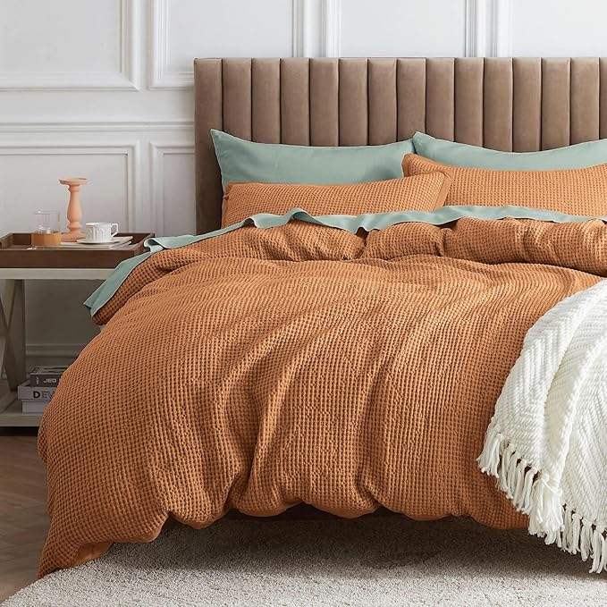 Waffle Comforter Set King, Beige Soft Cotton Bedding, Waffle Weave Bed Set