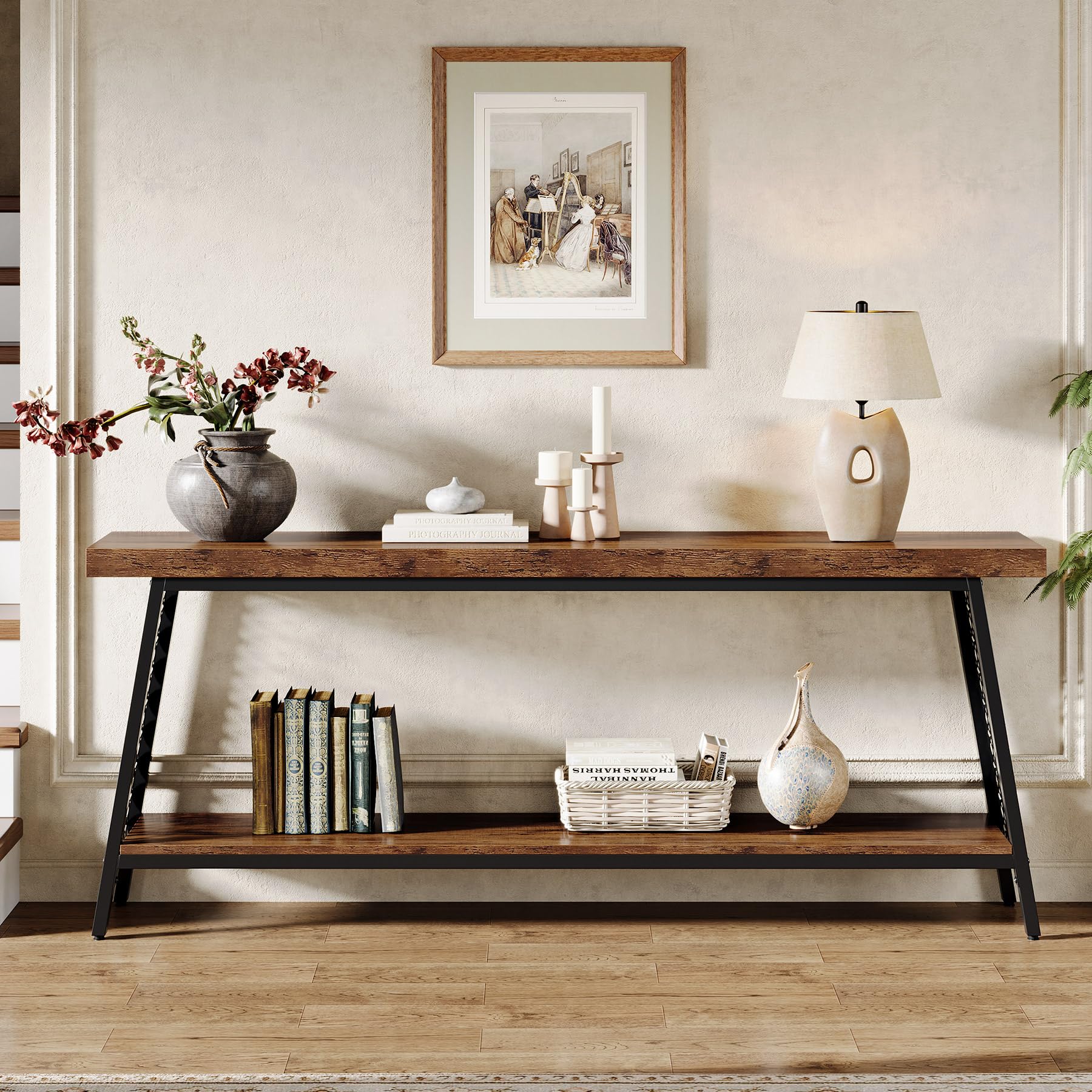 70.9" Console Table, 2-Tier Extra Long Sofa Table, Industrial Entryway Table Behind Couch