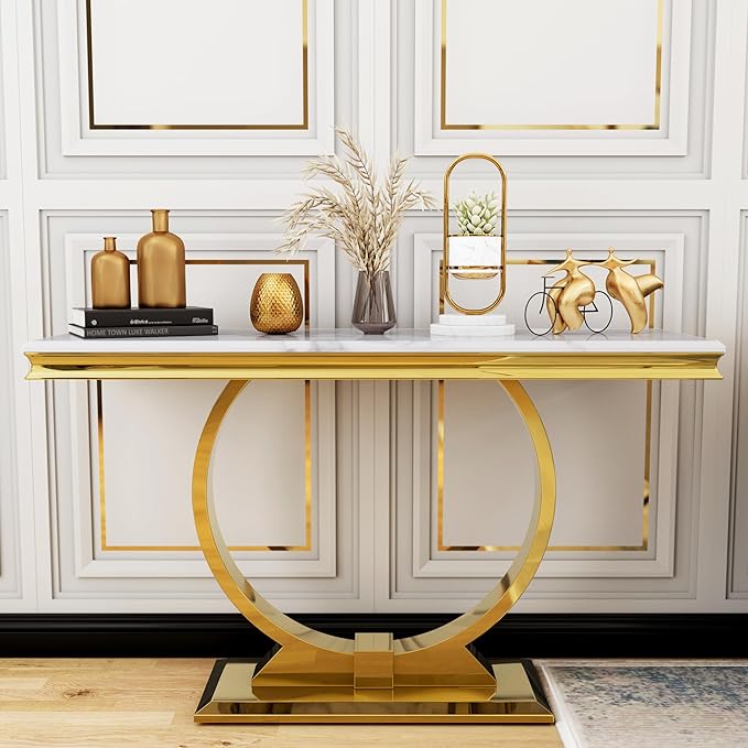 Black Gold Console Table, 50" Black Entrance Table with Gold U Shaped Base