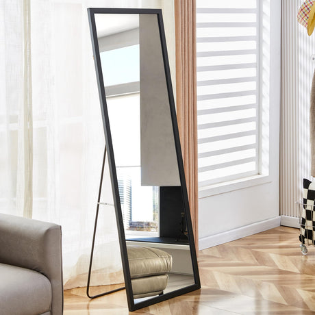 Full Length Mirror with Stand,Modern Full Length Mirror Black Solid Wood Thickened Frame Rectangle Floor Mirror Full Body Mirror Wall Mirror Dressing Mirror 65" x 22.8" (Black)