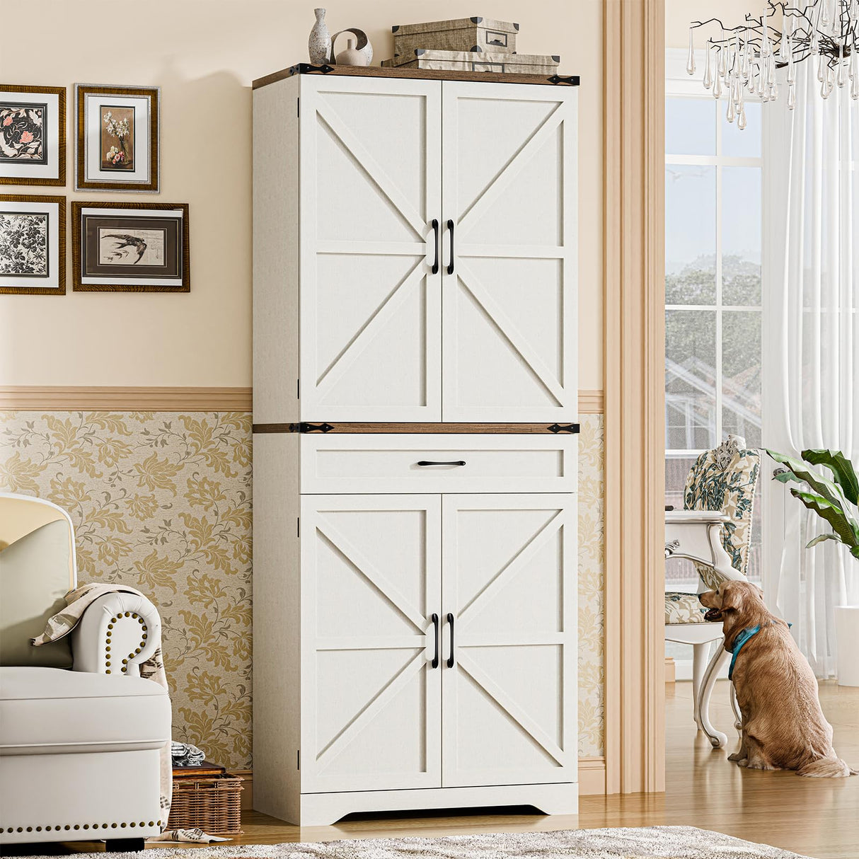 72" Tall Farmhouse Kitchen Pantry, Farmhouse Storage Cabinet with Adjustable Shelves, Large Capacity Storage Cabinet with Drawer,Freestanding Cupboard for Kitchen, Dining Room, Living Room, White