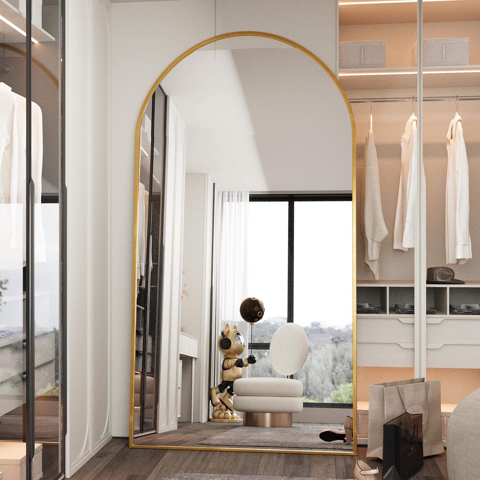 Arched Full Length Mirror, 76.4"x37" Oversize Full Floor Tempered Mirror