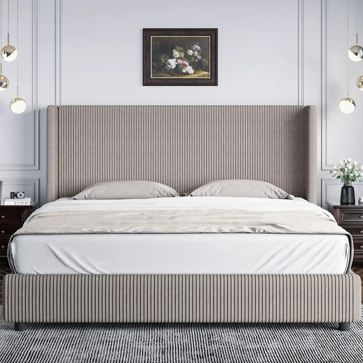 King Size Bed Frame, Upholstered Platform Bed with Vertical Channel Tufted Headboard,