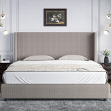 King Size Bed Frame, Upholstered Platform Bed with Vertical Channel Tufted Headboard,