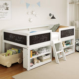 Wooden Loft Bed with Ladder & Blackboard, Twin Bed Frames for Kids with Storage 2