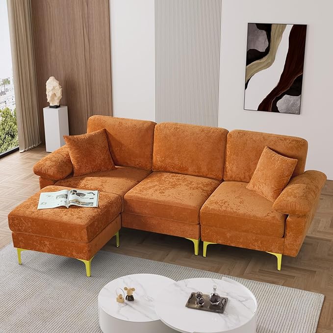 L Shaped Sectional Sofa Couch, 88.5" Comfy Velvet Upholstered 3 Seat Sofa Set