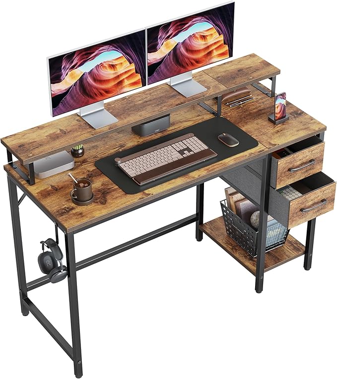 Computer Desk with Keyboard Tray, 47 Inch Office Desk with Monitor Stand and Storage Shelves, Music Studio Desk Workstation, Work Table for Home Office, Rustic Brown