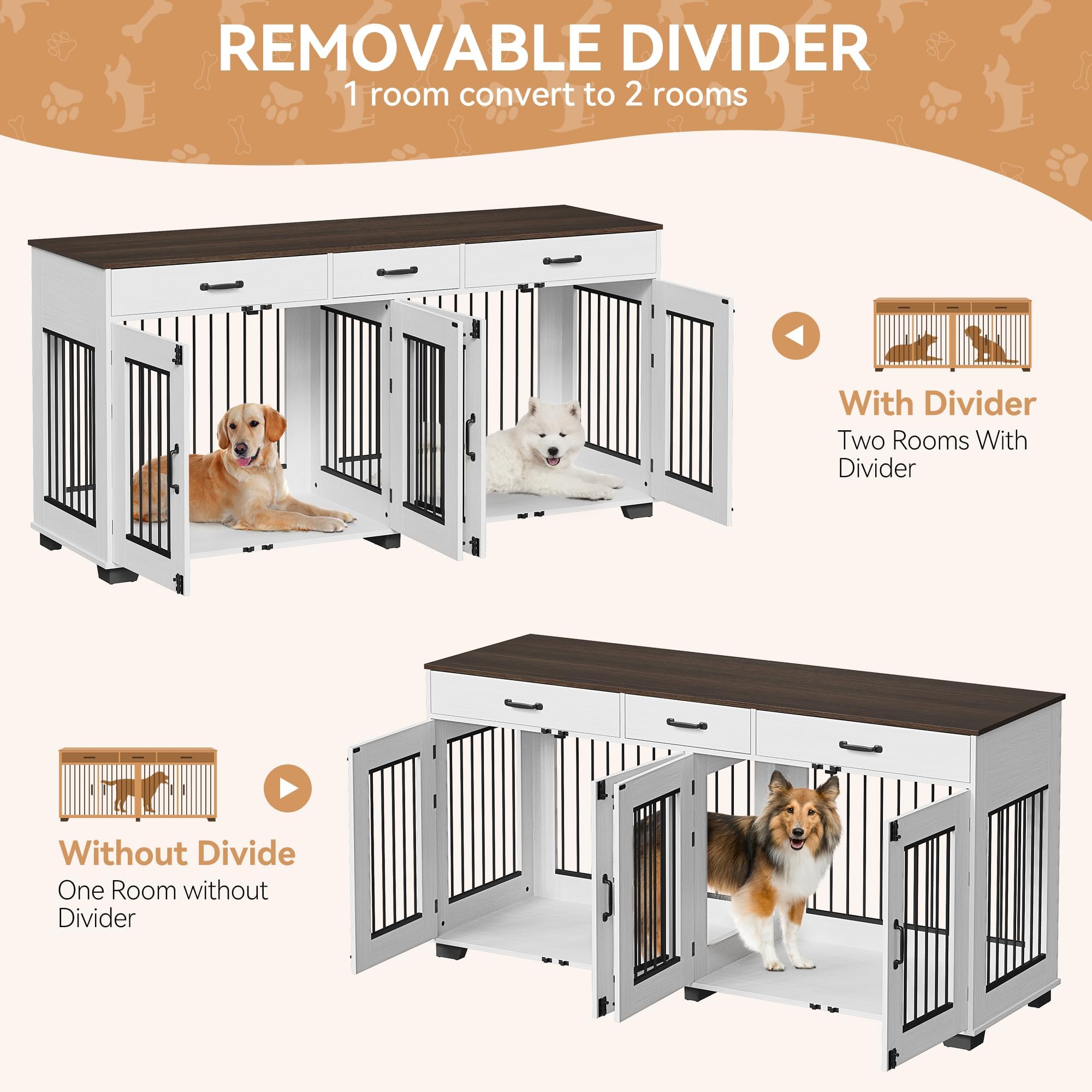71" Double Dog Crate Furniture with Storage Drawers
