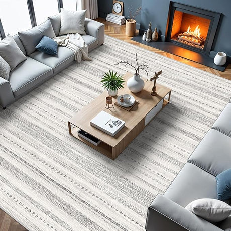 9x12 Large Area Rug: Soft Ultra Thin Machine Washable Farmhouse Area Rugs for Living Room Non-Slip Neutral Modern Geometric Indoor Floor Carpet for Bedroom Under Dinning Table Beige/Grey