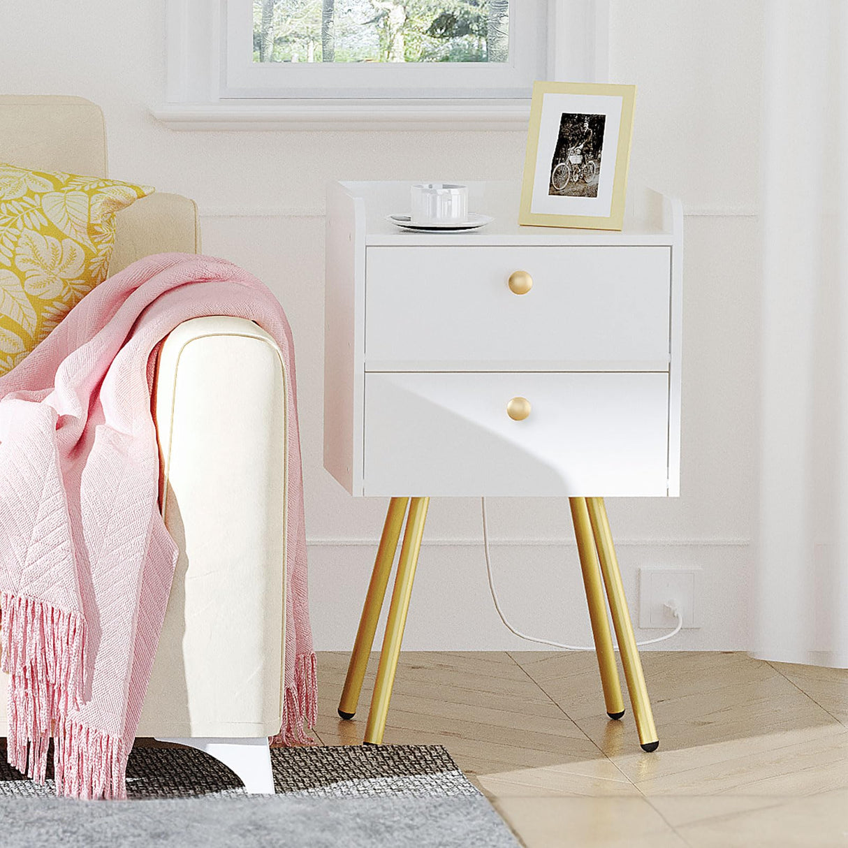 Nightstand with Charging Station, Modern Side Table with 2 Drawers