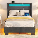 Bed Frame Twin Size with LED Lights and Charging Station, Upholstered Bed with Motion