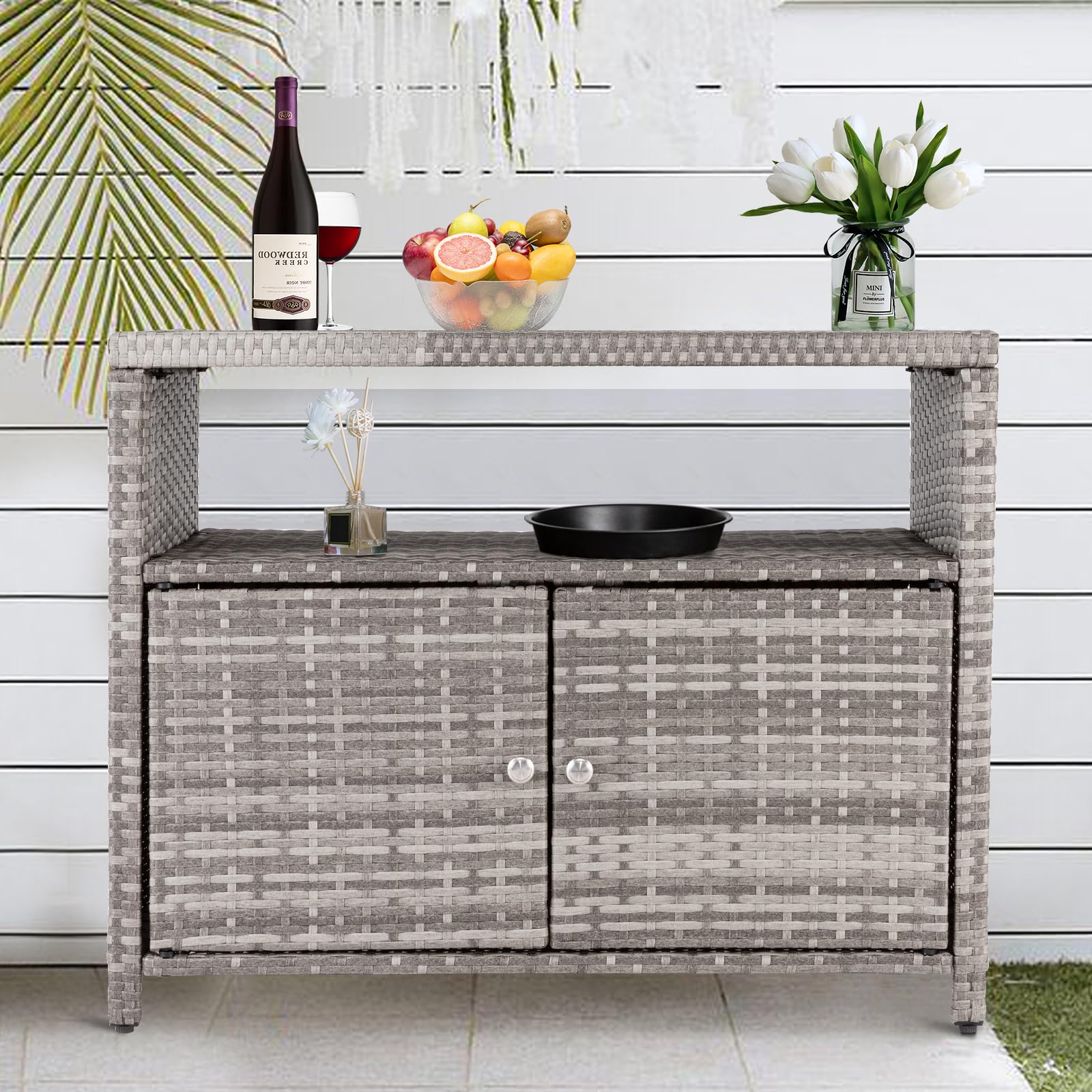 Outdoor Storage Cabinet, Wicker Rattan Storage Cabinet with 2 Doors