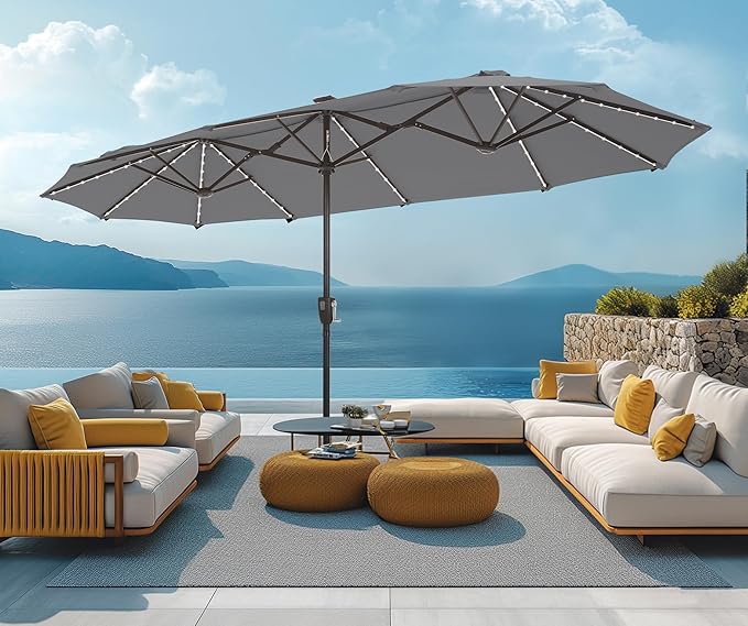 Double-Sided Patio Umbrella with Solar Lights, Outdoor Table Rectangular Umbrellas