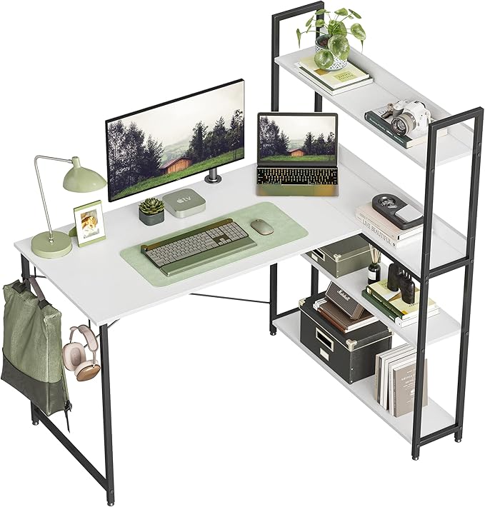 Corner Desk with Storage Shelves, 47 Inch Reversible L Shaped Desk with Bookshelf, Home Office Writing Desk with Hooks, Small L Study Table, Rustic Brown