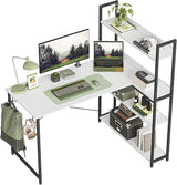 Corner Desk with Storage Shelves, 47 Inch Reversible L Shaped Desk with Bookshelf, Home Office Writing Desk with Hooks, Small L Study Table, Rustic Brown