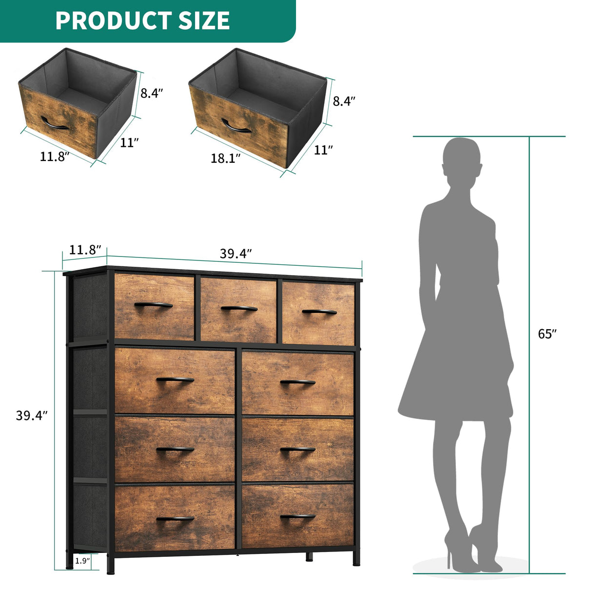 Dresser for Bedroom with 9 Drawers - Fabric Storage Tower