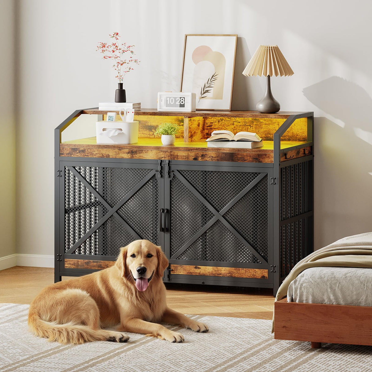 43.3" Dog Crate Furniture with LED Lights & Storage Shelves