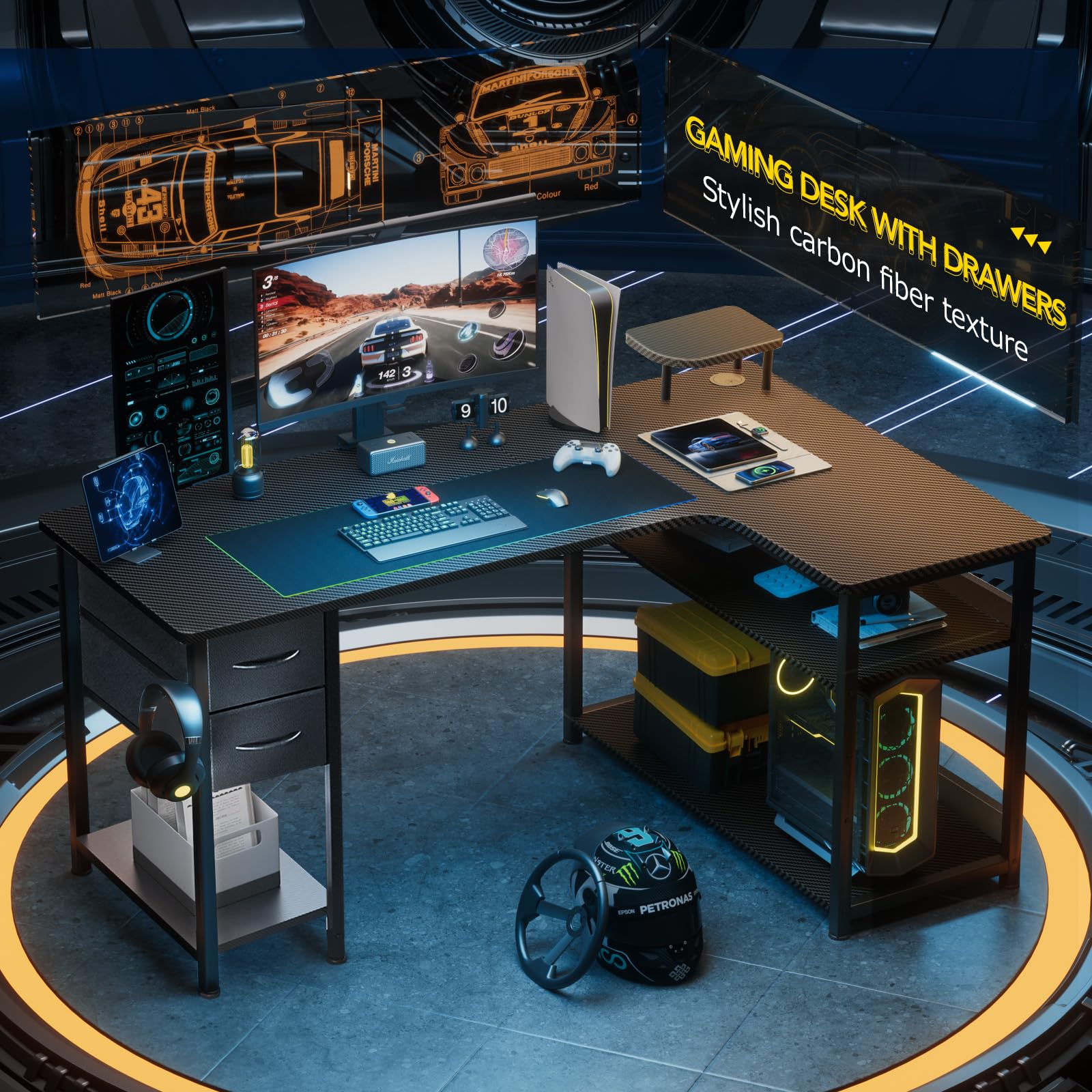 Gaming Desk with Drawers, Carbon Fiber Style L Shaped Computer Desk Compatible
