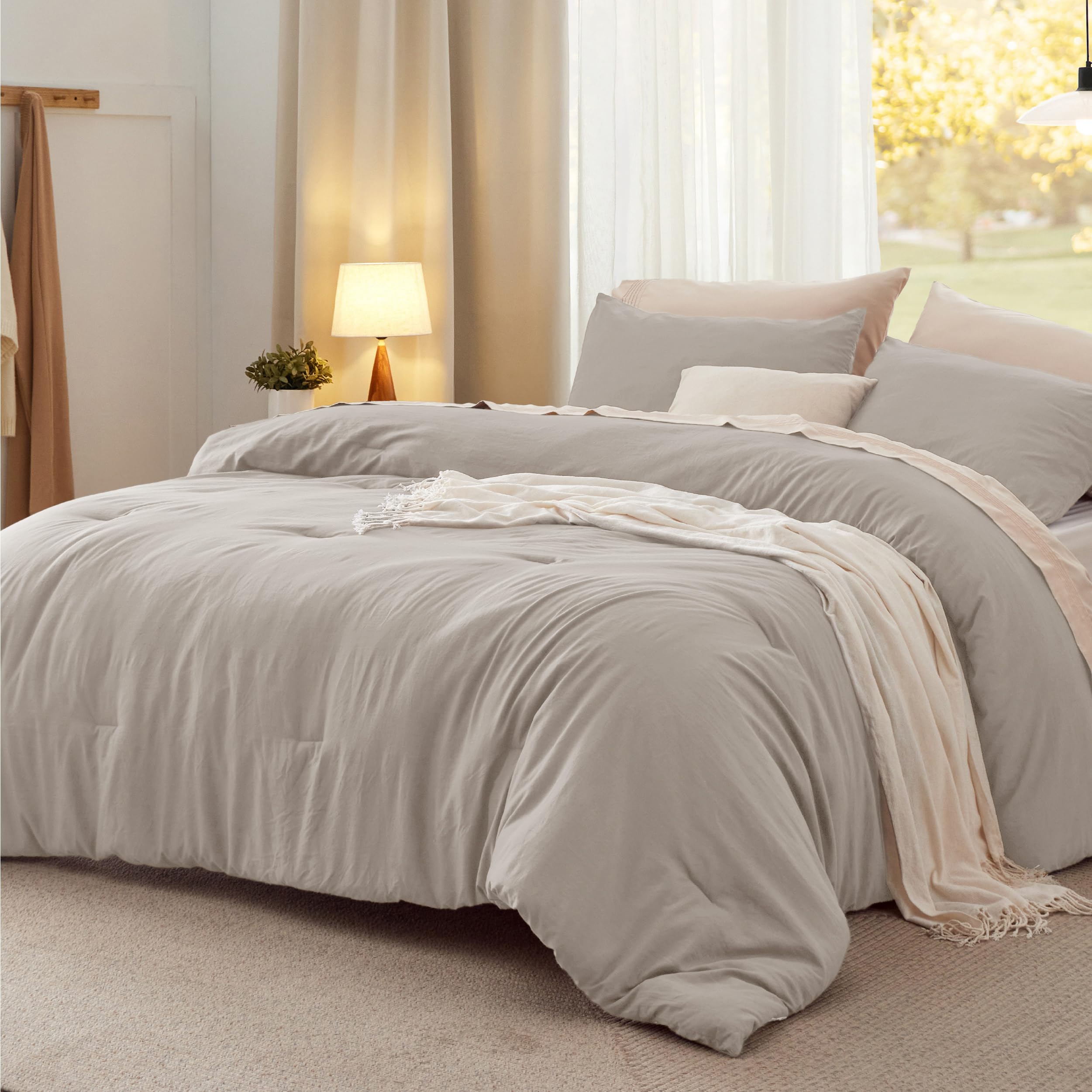 Queen Size Linen Comforter Set - 3 Piece Prewashed Bedding