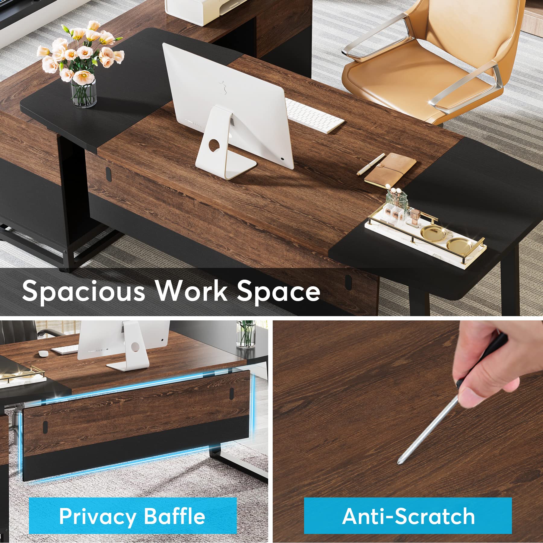74.8” Executive Desk and 55” Lateral File Cabinet, Large L-Shaped Computer Desk