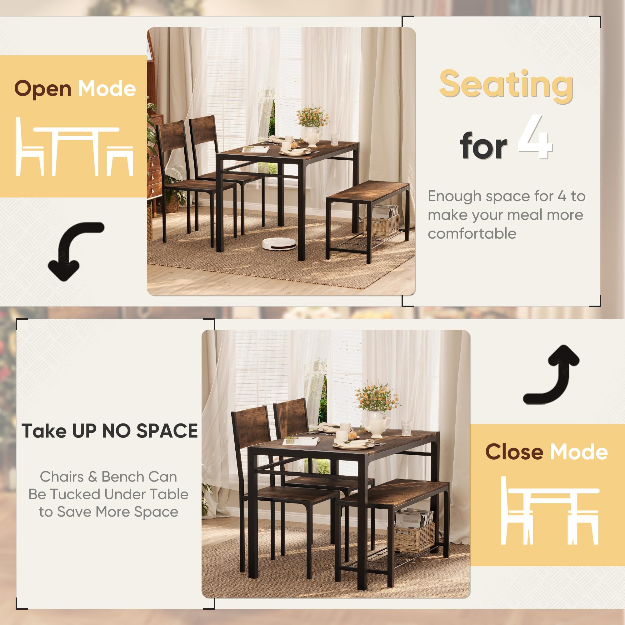 4-Piece Dining Set with Bench for Small Spaces
