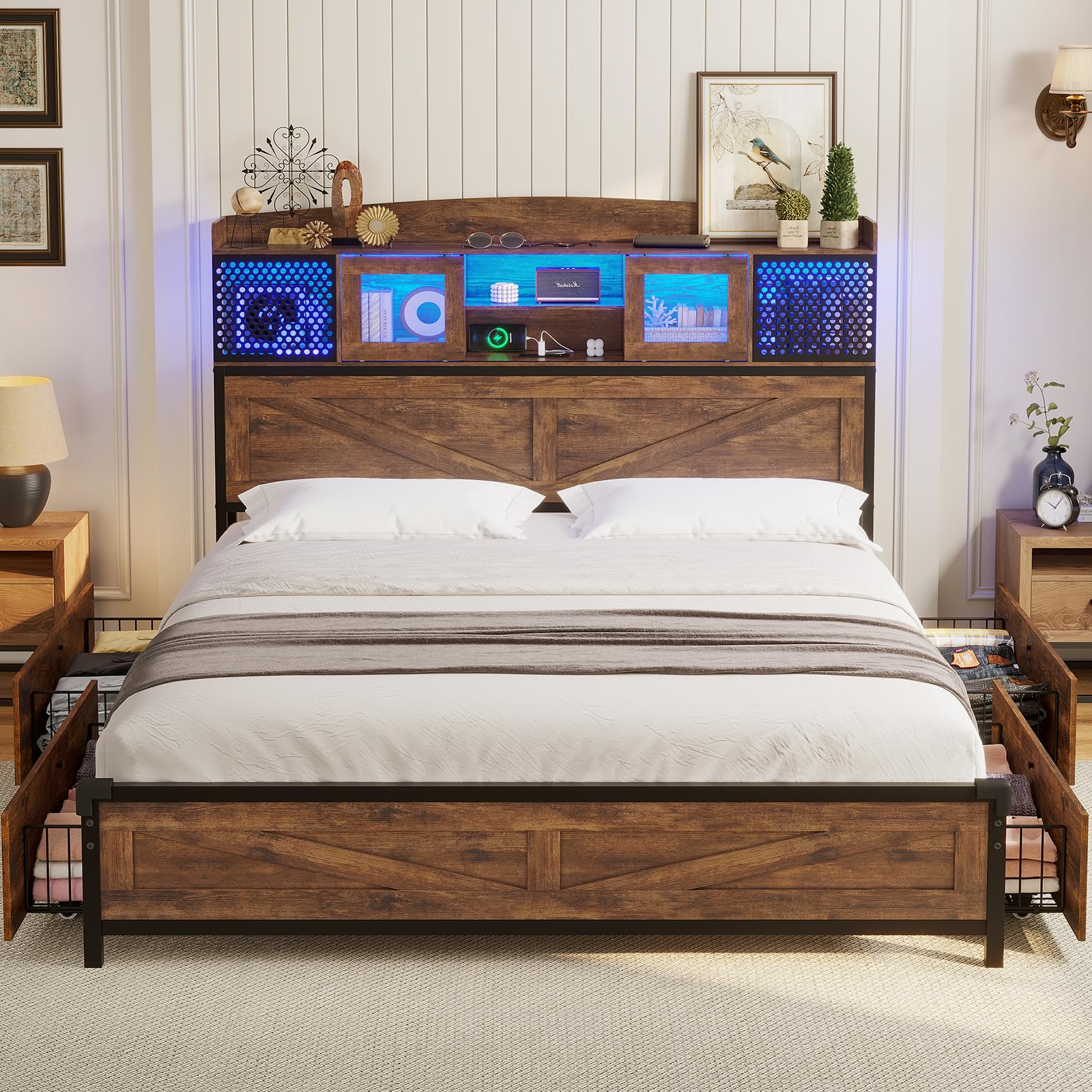 Farmhouse Full Bed Frame with Storage Drawers & LED Lights