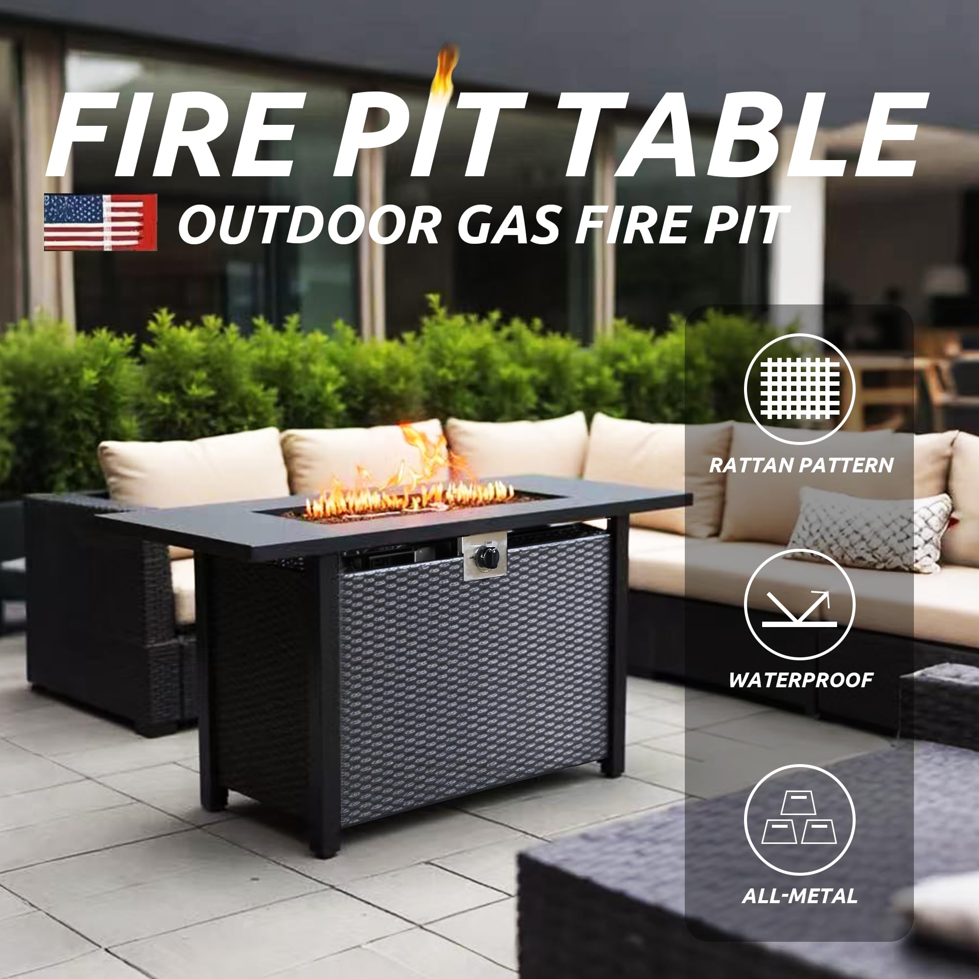 NIGOME Propane Fire Pit Table,Out Door Fire Pits & Fireplaces,Gas Fire Pit with Lid and Lava Rock.Square Black Fire Pit Table on Patio Deck & Garden Backyard. (Raven‌ Black, 43-inch)