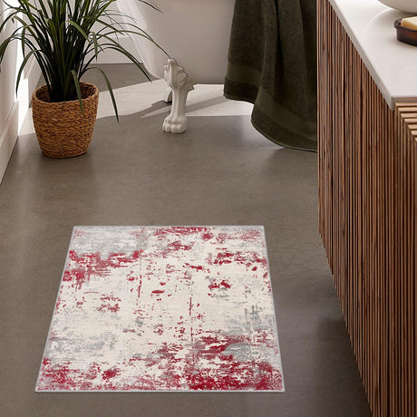 Vogue Contemporary Abstract Red Grey Indoor Doormat Rug for Living Room