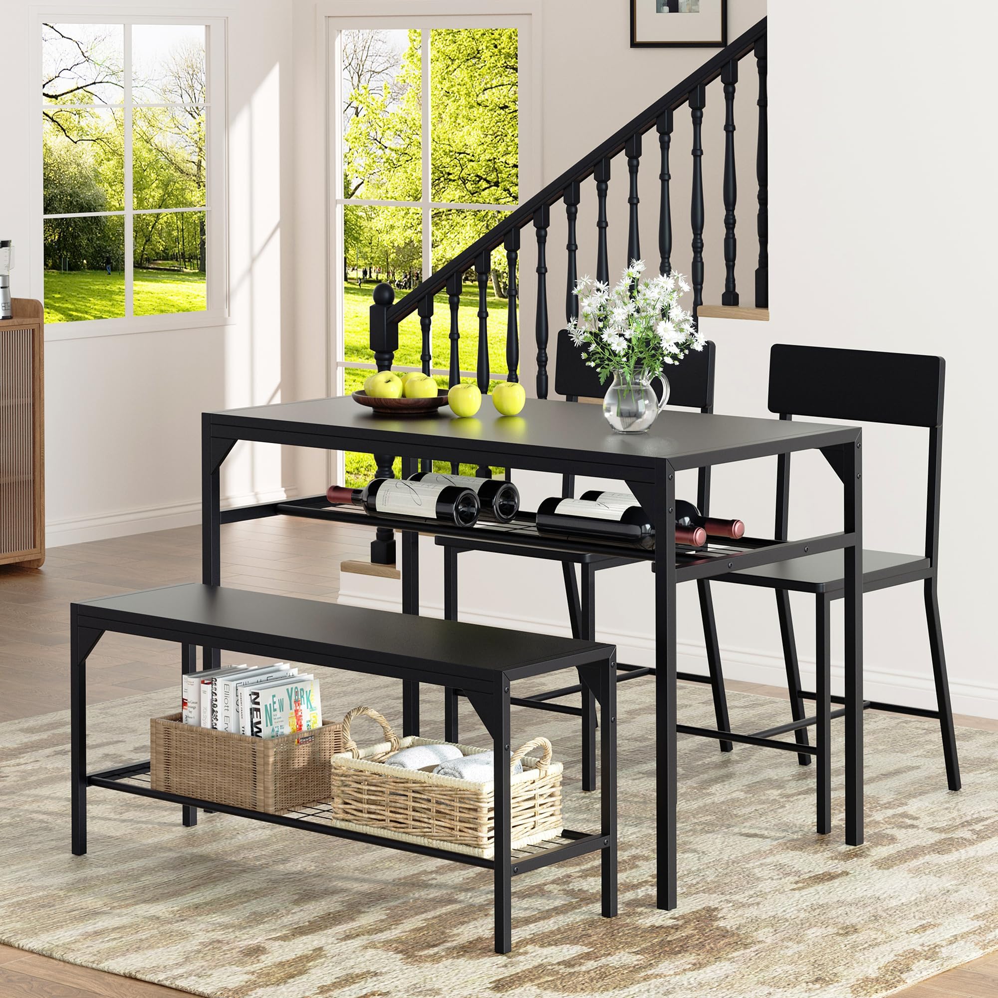4-Piece Dining Table Set with Bench & Chairs - Black