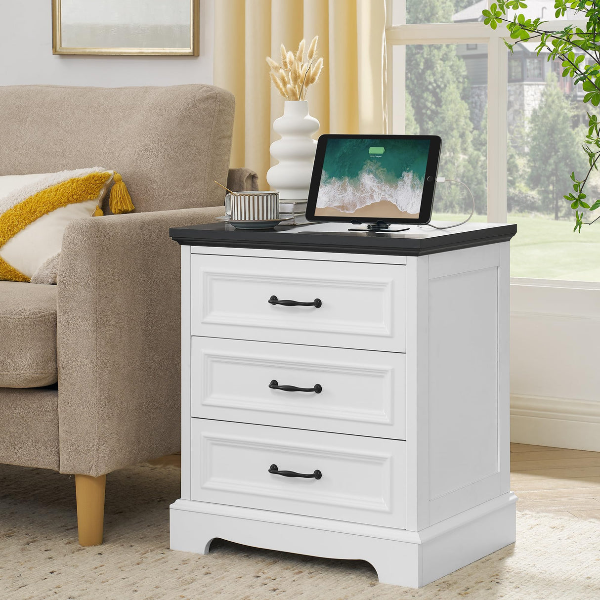 Nightstand with 3 Drawers,Wood Night Stand