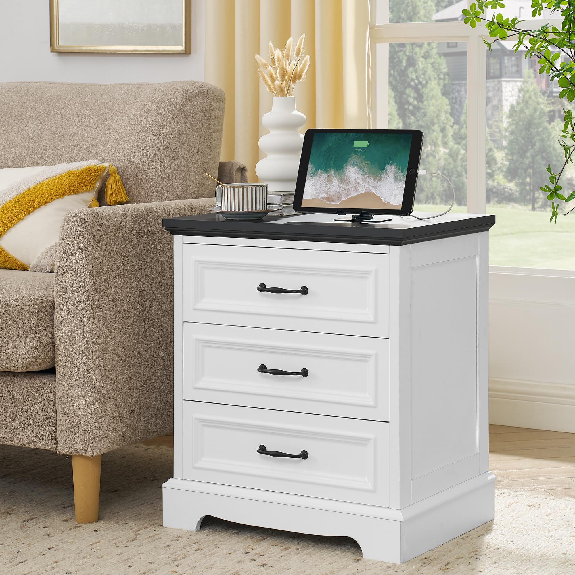 Nightstand with 3 Drawers,Wood Night Stand
