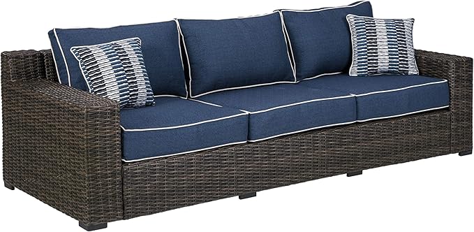 Grasson Lane Outdoor Patio Wicker Sofa with Cushion and 2 Pillows, Brown & Blue