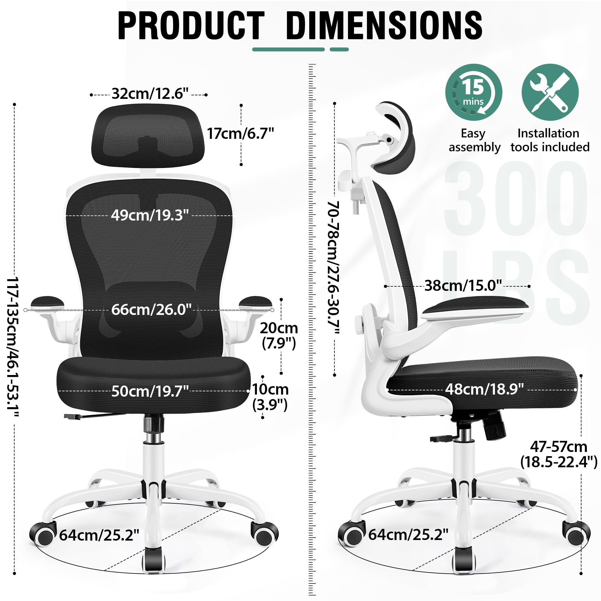 Office Chair, Ergonomic Office Chair with 3D Lumbar Support 3D Headrest, Comfy High