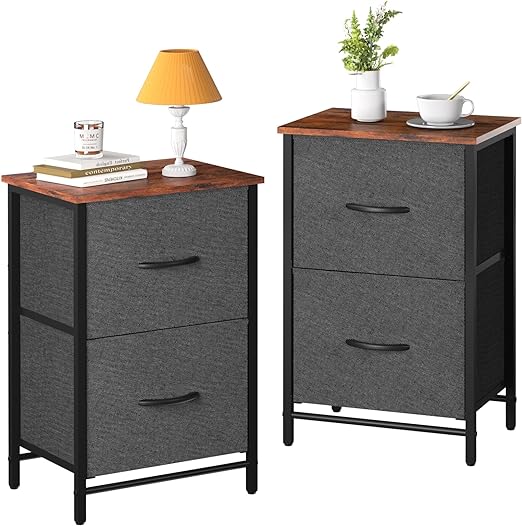 Fabric Nightstand Set of 2 - Small Wood Bedside Tables with Storage Drawers