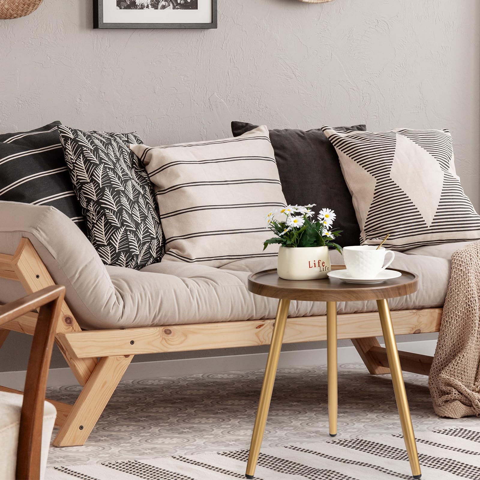 Round Side Table, Metal Legged Accent Table with Wooden Tray, Small Round End Table