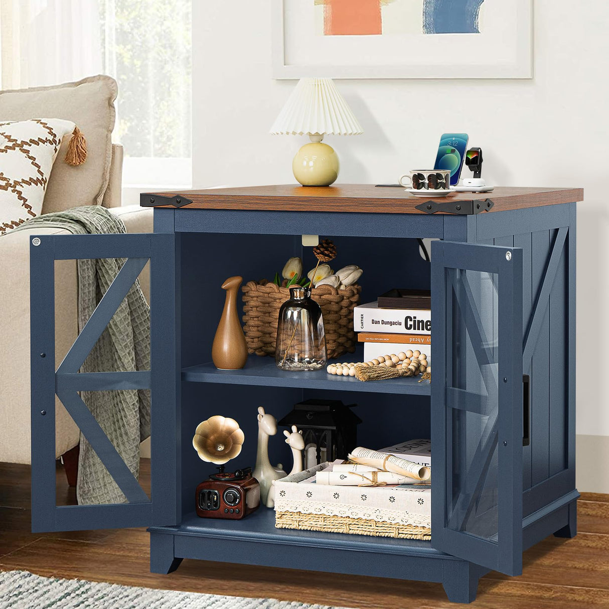 Farmhouse End Table with Charging Station, 24" Large Sofa Side Table