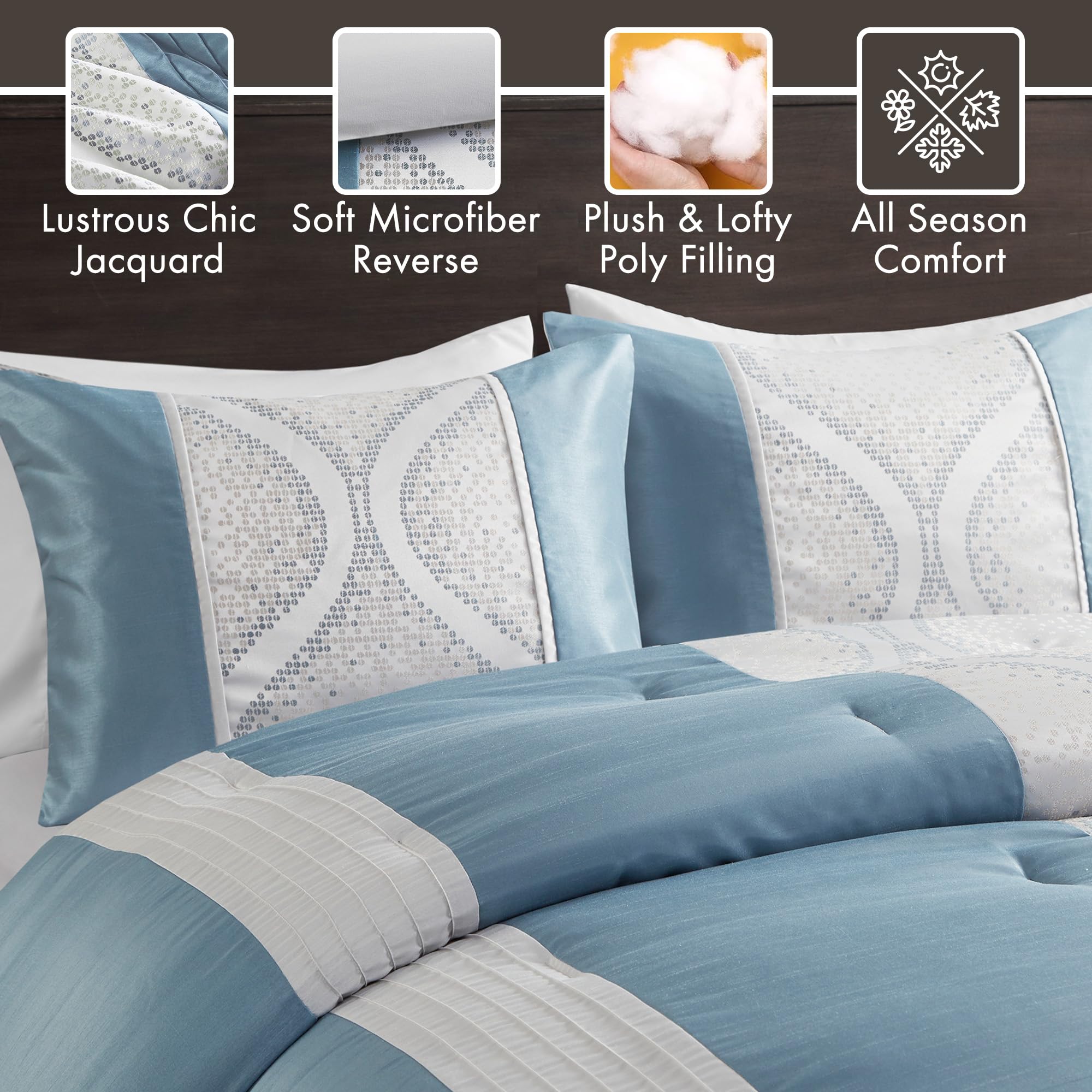 Jacquard Queen Comforter Set - Ogee Print with Pleated Trims - 6 Piece Bedding Set