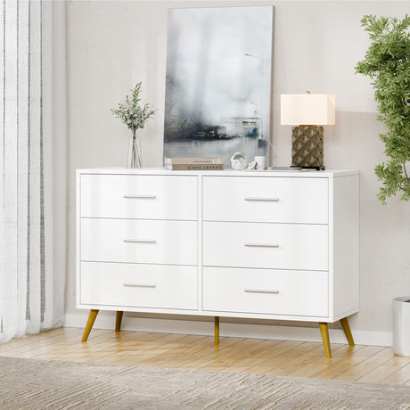 Shintenchi 6 Drawer Dresser, White Double Dresser for Bedroom, Modern Chest of Drawers TV Stand, Wooden Storage Organizer for Living Room, Entryway, White and Gold Dresser