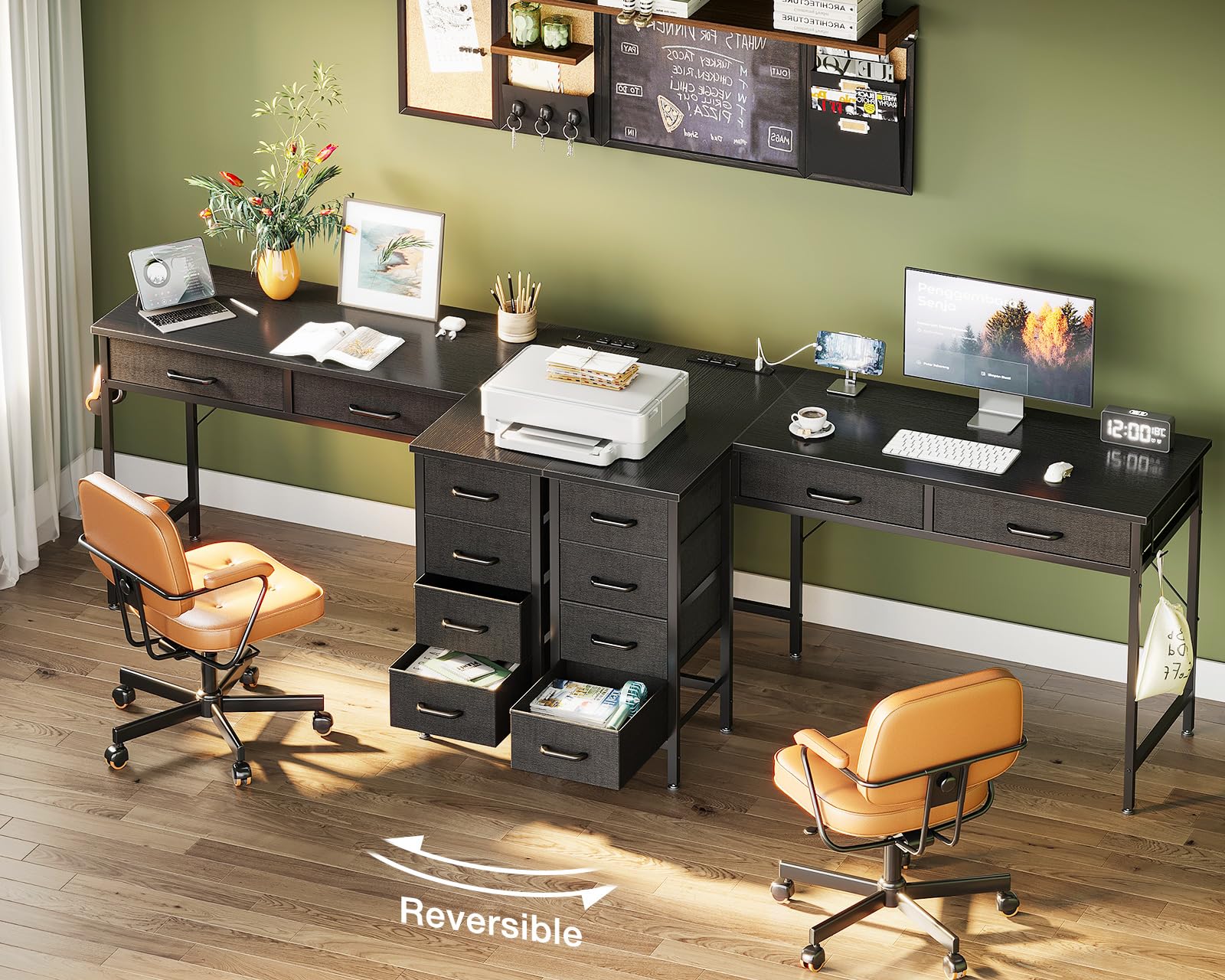 50 Inch L Shaped Desk with Drawers, Computer Desk with Power Outlets