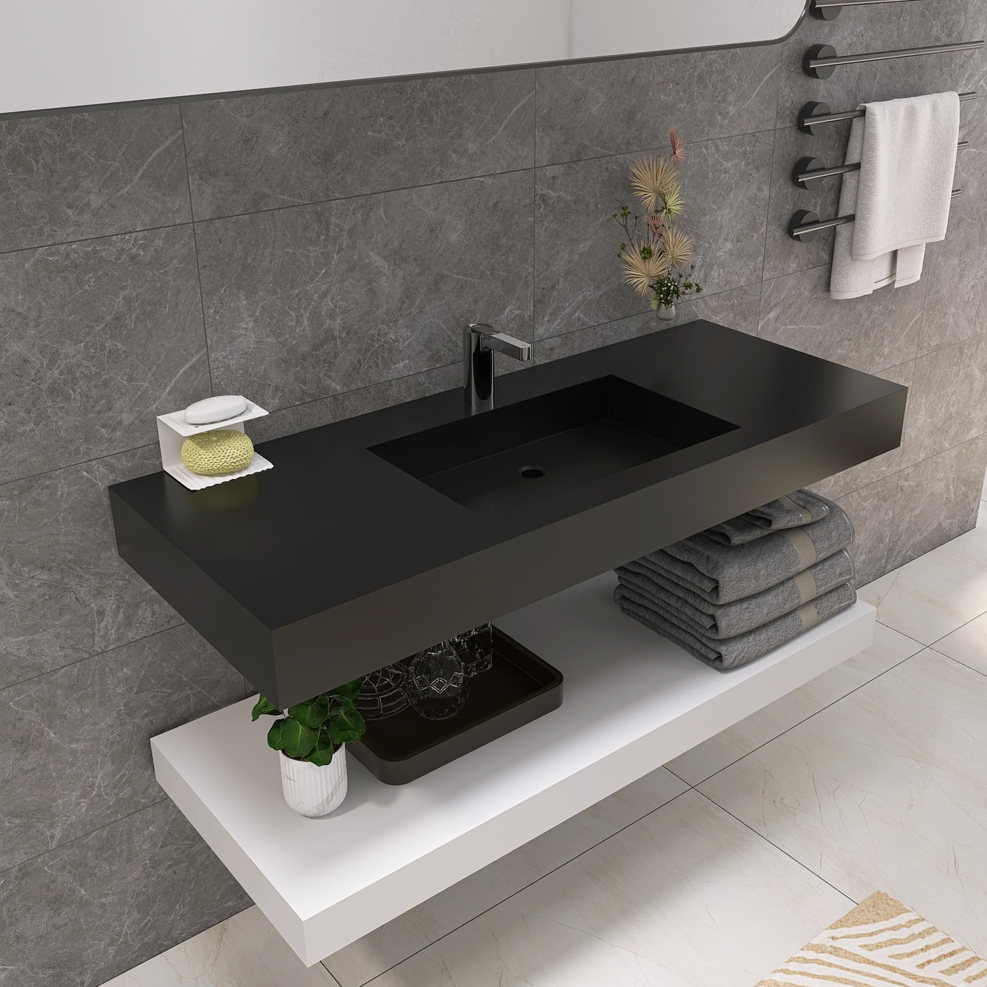 47"x19" Wall Mount Bathroom Vanity ，Bathroom Vanities with Sink Black Stone Resin