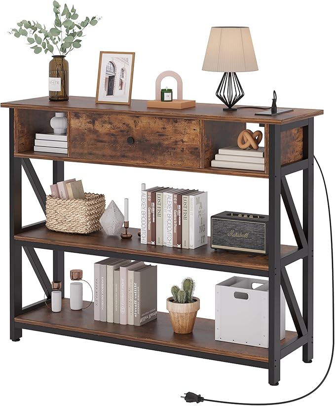 47 Inch Console Sofa Table with Drawer, Industrial Entryway Table with Storage Shelves,