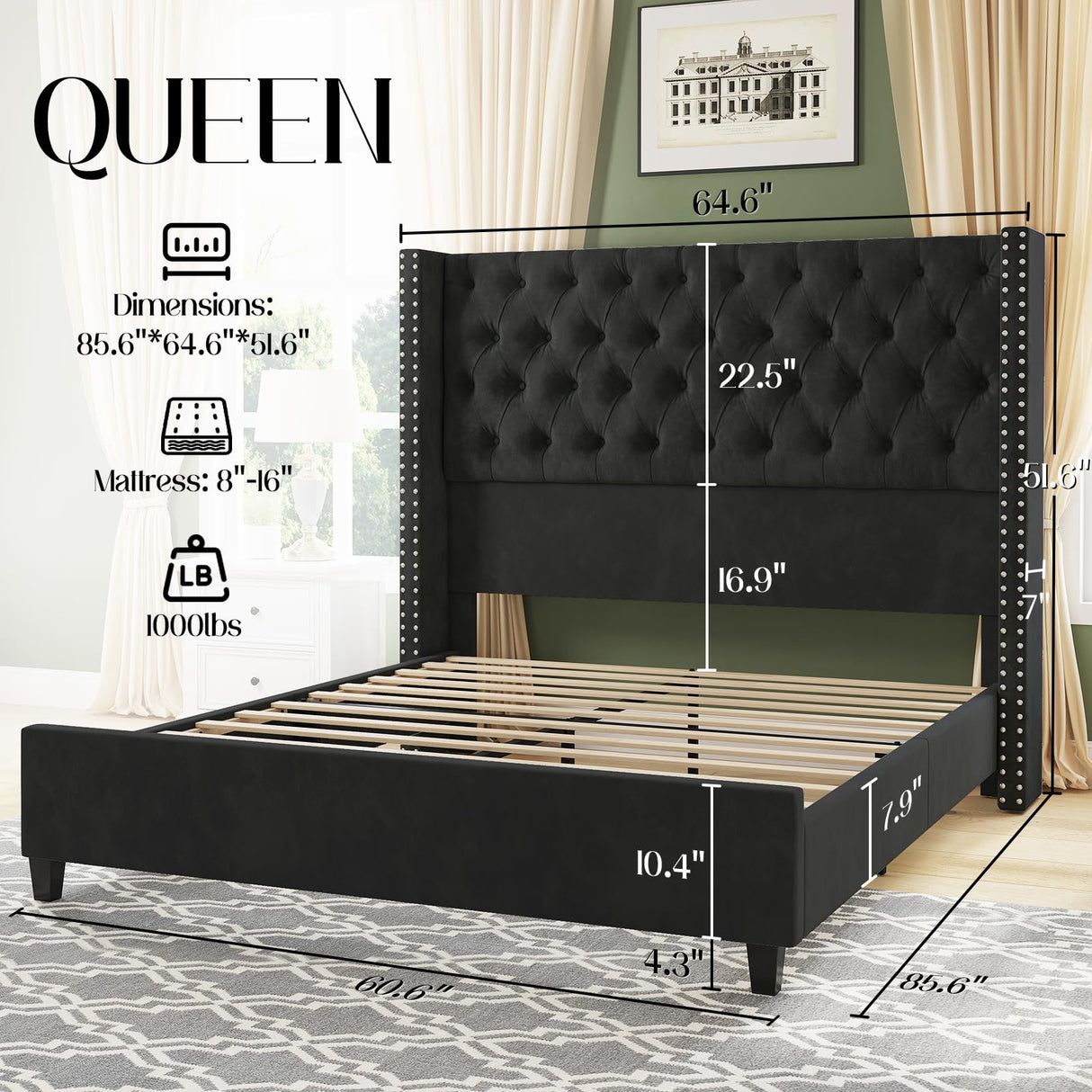 Queen Upholstered Bed Frame with Tall Headboard Wingback Platform Bed Tufted Deep