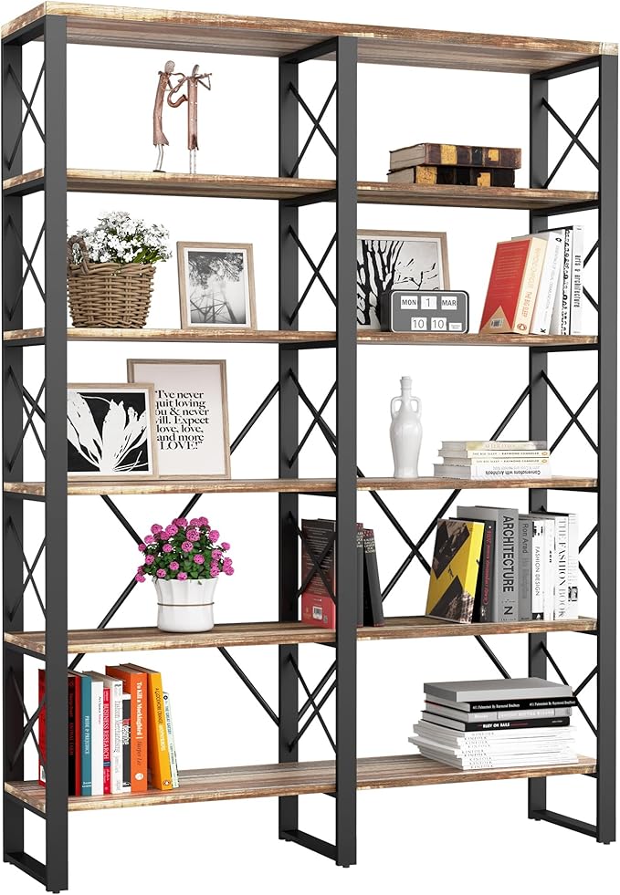 Bookshelf Double Wide 6-Tier 76" H, Open Large Bookcase, Industrial Style Shelves, Wood and Metal Bookshelves for Home Office, Easy Assembly