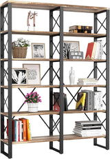 Bookshelf Double Wide 6-Tier 76" H, Open Large Bookcase, Industrial Style Shelves, Wood and Metal Bookshelves for Home Office, Easy Assembly