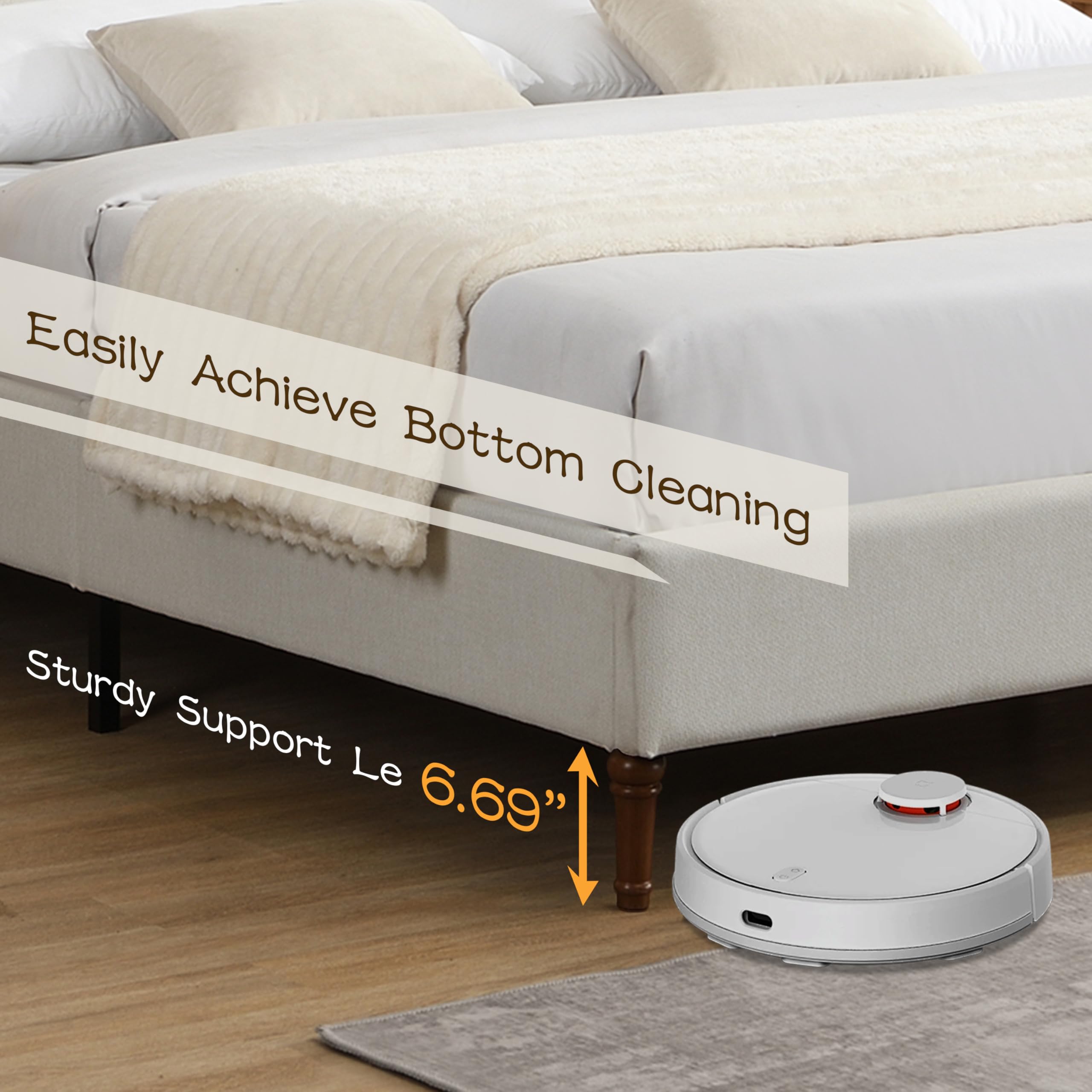 Queen Platform Bed with Wave Headboard - Ivory Chenille